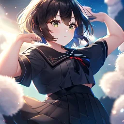 Clear focus, High resolution, fluffy black short hair, dark green eyes, wearing a black sailor uniform and pleated black skirt, fluffy hair, detailed outfit, wearing red makeup