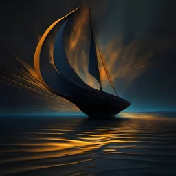 an abstract Sailboat with yellow, blue, and green water, in the style of dark sky-blue and dark bronze, hyperspace noir, tomasz alen kopera, unreal engine 5, dark orange and silver, water drops, spiral group