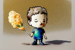 cute chibi mark zuckerberg with a big garlic in sunshine, watercolor and black in outlines, golden glitter, ethereal, cinematic postprocessing, bokeh, dof