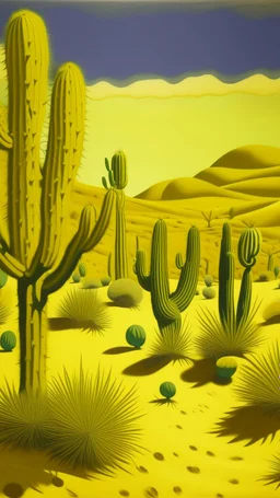 A yellow desert with cactuses painted by Grant Wood