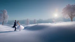 A snow-covered landscape, with a pair of ballet dancers performing a graceful waltz in the sky, surrounded by a heavenly chorus of angels.