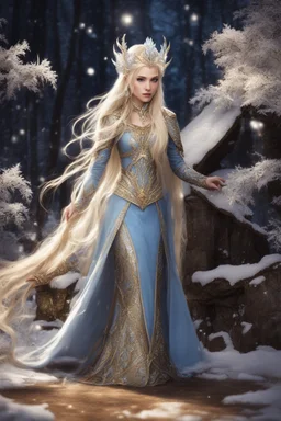 Elven princess,elven crown,long white blonde golden hair,rapunzel hair,ice flowers,beautiful,light blue,dark blue,golden armor,sparkle,glitter,ice flowers,snow,elven ears,dark fairy princess