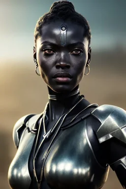 portrait,beautiful african robot, post-apocalyptic in a cyberpunk city, realistic, intriacte detail, sci-fi fantasy style, volumetric lighting, particales,highly detailed,cinamatic, deep