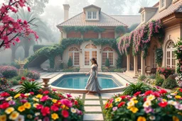 all scene is made of small colored cubes:a luxury villa yard with pool in center and pretty plants trees flowers, morning mist, lost paradise atmosphere,a pretty model lady in victorian clothing walking in villa yard in flowers .every thing and lady is made of small colored cubes as a puzzle