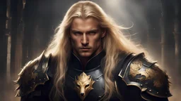 40 year man with lightly tanned skin and long blonde hair, wearing black armour with a golden wolf on his chest, dark fantasy