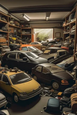 small room full of piled up cars