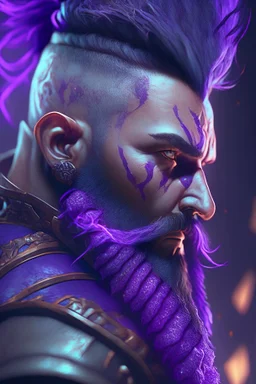 photorealistic warrior, hyperdetailed painting, luminism, Bar lighting, complex, purple mohawk, 4k resolution concept art, Artgerm, WLOP, Alphonse Mucha, 3d render, octane render, intricately detailed, cinematic, awesome full color, hand drawn, dark, gritty, cinematic, purple beard, wyvern