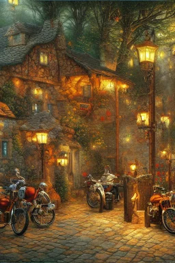 Small Medieval tavern for bikers in a forest, motorcycles parked infront highly detailed digital painting oil on canvas cinematic lighting sensuality beautiful wallpaper fantastic view crisp quality Jacek Yerka Thomas Kinkade Carl Barks