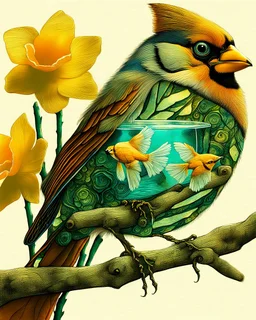 surreal mixed-media illustration of a Blue Jay perched on a textured branch, depicted with a semi-transparent body that reveals an internal aquatic scene.Inside the bird’s torso, Angelfish swim gently in clear water, rendered with scientific-illustration precision and soft painterly textures.The bird’s feathers combine natural realism with subtle graphic stylization, including layered patterns and delicate linework.Surrounding the branch are daffodils and roses, illustrated in a vintage botanica