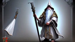 white beard hooded sorcerer raised staff before the castle