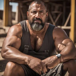 close up photography of a arab ugly burly serious wet sweaty, muscular chubby strong fat carpenter, shirtless, bulge, manly chest, very hairy allover, big goatee 46 years old, short hair, sitting with open legs on a little chair , on a construction site in the middle of a road, under the August sun, emotional eyes, , hyper-realistic, photorealistic , frontal view from the ground