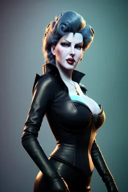 Lana Turner as evil queen in black leather, leather, busty, cleavage, angry, stern look. character design by cory loftis, fenghua zhong, ryohei hase, ismail inceoglu and ruan jia. unreal engine 5, artistic lighting, highly detailed, photorealistic, fantasy