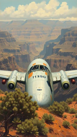 A 1950 commercial airplane with broken glass and doors in front of crashed in the bottom of the Grand Canyon valley, in the desert, in a forgotten battlefield over run by vegetation, cutesy tiktok detailed oil painting, grainy, old style