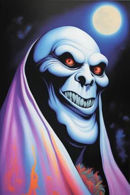 in the dead of night the bright moon shines down on a giant, extremely colorful casper the friendly ghost facial portrait, acrylic on canvas, florescent black light poster, in the art style of Boris Vallejo,