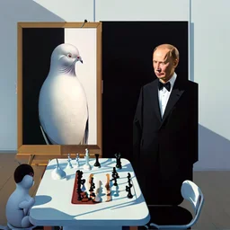 Putin, President Xi Of China And Joe Biden Play Chess With A Pigeon,Ufo And Atomic Bomb Mushroom Cloud,Complex Surgical Instruments Intermixed With A Newborn Boy,Minimalism,Painting By Adrian Ghenie,Rene Magritte,Pablo Picasso,Michelangelo,Salvador Dali,Lucian Freud