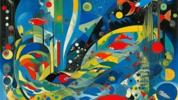 A blue watery gully with whales painted by Wassily Kandinsky