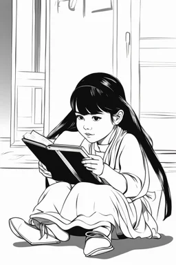 a little girl sitting on the floor holding a tablet, wearing a head scarf, white bangs, document photo, photo still of, paint, wet drapery, unmasked, diary on her hand, 5 years old, focus close on mischievous eyes, hand - drawn animation, with long black hair, portrait of dangerous