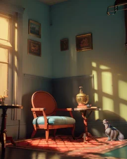 Room scene with sit woman, Wes Anderson style, realistic photo, concept art, smooth, unreal engine 5, god lights, ray tracing, RTX, lumen lighting, ultra detail, volumetric lighting, 3d.