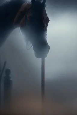 closeup on dark horse pole vaulting, trending art, 8k, depth of field, volumetric fog