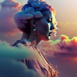 smoke plumes, clouds, smog, city scape with pollution, woman, double exposure photography, colourful nature, clean sharp focus, on white background, Fractal Geometry buildings, sacred geometry