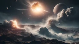 A volley of comets crashing into earth, as seen from mountain top, giant waves demolishing the terrain,8K picture quality, cinematic lighting, dynamic destructive scene