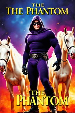 Movie Poster - ((("THE PHANTOM"))), extremely thick, muscular, 6'6'' 18-year-old Billy Zane with extremely exaggerated muscles as the Phantom, long-sleeved, textured, padded purple cotton bodysuit with skintight, formfitting textured purple cotton cowl with ((black eye mask)) and widow peak, black gloves and wrist gauntlets, black boots, double holstered utility belt, skull-shaped belt buckle, glowing, white eyes, standing next to his white horses, captured in a breath-taking explosion of color,
