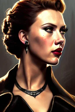 painting of scarlett johansen as evil queen in black leather, feminie, angry, stern look on her face, volouptous, busty, cleavage, emperious, mature, highly detailed, digital painting, artstation, concept art, smooth, sharp focus, illustration, art by gaston bussiere and alphonse mucha