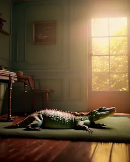 Room scene with alligator sleeping, Wes Anderson styler, realistic image, concept art, smooth, unreal engine 5, god lights, ray tracing, RTX, lumen lighting, ultra detail, volumetric lighting, 3d.