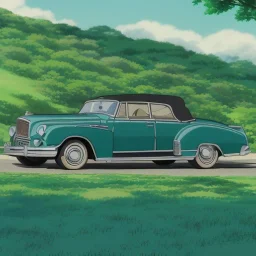 old cabriolet Cadillac front, de côté, metallic blue, in the green countryside with a beautiful blue sky