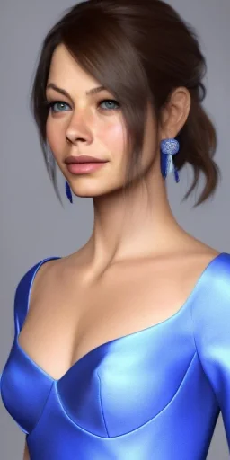 portrait busty and face, kristin kreuk, wearing blue dress