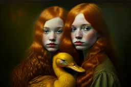 Beautiful golden red hair girl holding duck portrait in ochre, moody, somber, desaturated colors