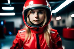 Russian girl, blonde hair, dressed in red car racing suit, posing in photo studio, helmet on and open, racing pit background, looking at viewer, studio lights, photo taken with a Sony Alpha III camera, 50mm lens
