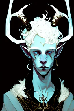 young satyr male albino alchemist with goat horns in the style of Harry Clarke