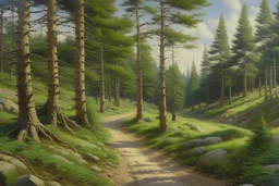 Peder Mork Monsted style Scots pines, dirt road in the middle, hyperrealistic