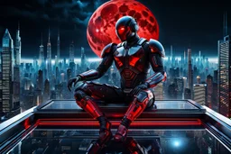 translucent glass human-android mutante with all its nerve endings visible inside sitting on glass roof and lookin the red-black moon in hightech cyber city, dynamic lighting, hyperdetailed, intricately detailed, deep color, cinematic, unique, melancolic atmosphere