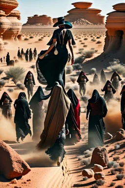 a woman in blood warring black in the desert surrounded by men and women through stones on her.