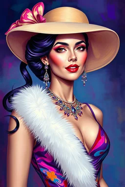 art by cheryl griesbach, carne griffith, amma dittmann, alex prihodko,luis rojo, digital painting, oilpainting,full lenbody portrait,intricate, breathtaking, georgious, hyperdetailed,radiant vivid colors,a very beautiful charming elegant caucasian lady, wearing a colorful slim-cut vivid silk evening dress and long smooth white fluffy fur stole, wonderful elegant wavy black purple shiny hair, elegant smooth hat, extravagant jewelry collier and earrings,, smooth skin, friendly face, gorgeous symet