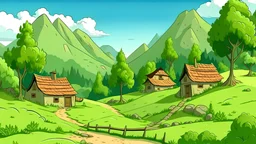 Village, Cartoon Drawing, Background, Photography, B, Old Style, Cottage, Well, Trees, Narrow, Mountains, Green Vector Grass