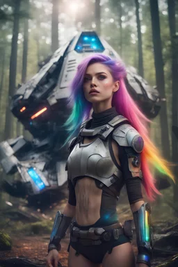 Beautiful warrior girl, in forest in front of crashed spaceship, rainbow hair, photo realistic, 8K, cinematic lighting,