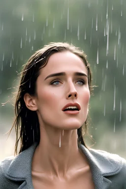 Beautiful 25 year-old Jennifer Connelly is standing outside in a rain shower with no rain-coat, umbrella, or hat on, with her head tilted up to the sky, her tongue sticking out and catching raindrops, as if reliving a childhood memory.