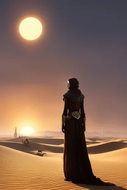 The twin suns sink low on the horizon as Afrey stands sentinel upon the dune, etched skins shifting in their dying light. She is the last guardian of Tatooine now, all other Defenders fallen these past moons. But her people remain, and while even one dwells in this town she will stand.Long she has kept her lonely vigil here, choosing a vantage apart where she may see and be unseen. Her keen eyes note every shadow, searching for any threat borne on the fading breeze. One hand rests lightly upon t