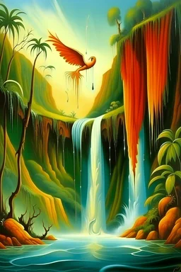 fire bird flying over jungle with waterfall by Dali.