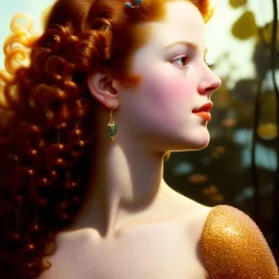 Hyperdetailed oil on canvas, young robyn lively by a lotus goldfish pond, detailed face, long muti-hued red curly hair; by gaspar camps, maxfield parrish, alphonse mucha, cyril rolando, dan mumford; luminous colorful sparkles, glitter, airbrush, octane render, volumetric lighting, 16k