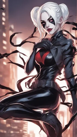 A close picture to Mix between Harley Quinn and venom symbiote with white hair in solo leveling shadow art style
