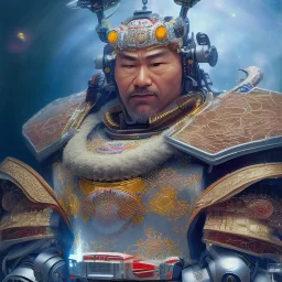 A portrait of a crystalised robot samurai with yakuza tatu, atmospheric, realistic, unreal engine cosmic galactic, cinematic lighting, octane render, random colors, transparent, cosmic ambiance, masterpiece, art by Yoji Shinkawa, composing fit inside