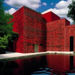 A dark red facility with acid pools designed in Ica stones painted by Roy Lichtenstein