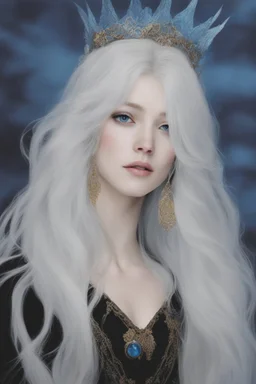 Moon queen long white hair, black robes, blue eyes