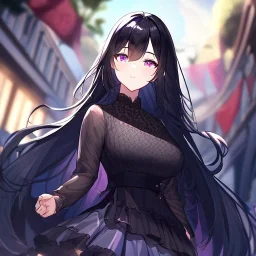 Clear focus, high resolution, black long fluffy hair, purple eyes, wearing a detailed outfit with a medium skirt