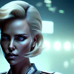 Charlize Theron, Cyborg anime samurai, cyberpunk, white skin, light blonde hair, pixie hair, geisha hairstyle, cobalt eyes, waist up portrait, 8k resolution, retroanime, intricate details, neon details, soft lighting, vibrant colors, masterpiece, intricate eyeliner, dark eyeshadow, eyes, intricate tattoos, gradient background