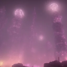 ALIENS FLOATING, MAGIC BUILDING, FOGGY NIGHT, GLOWING, PURPLE, TOWERS, 4K, 8K, CINEMATIC